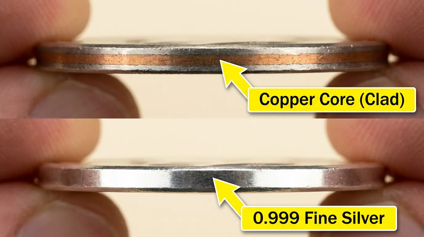Edge comparison of 2024 Kennedy Half Dollar clad versus silver proof showing copper stripe versus solid silver