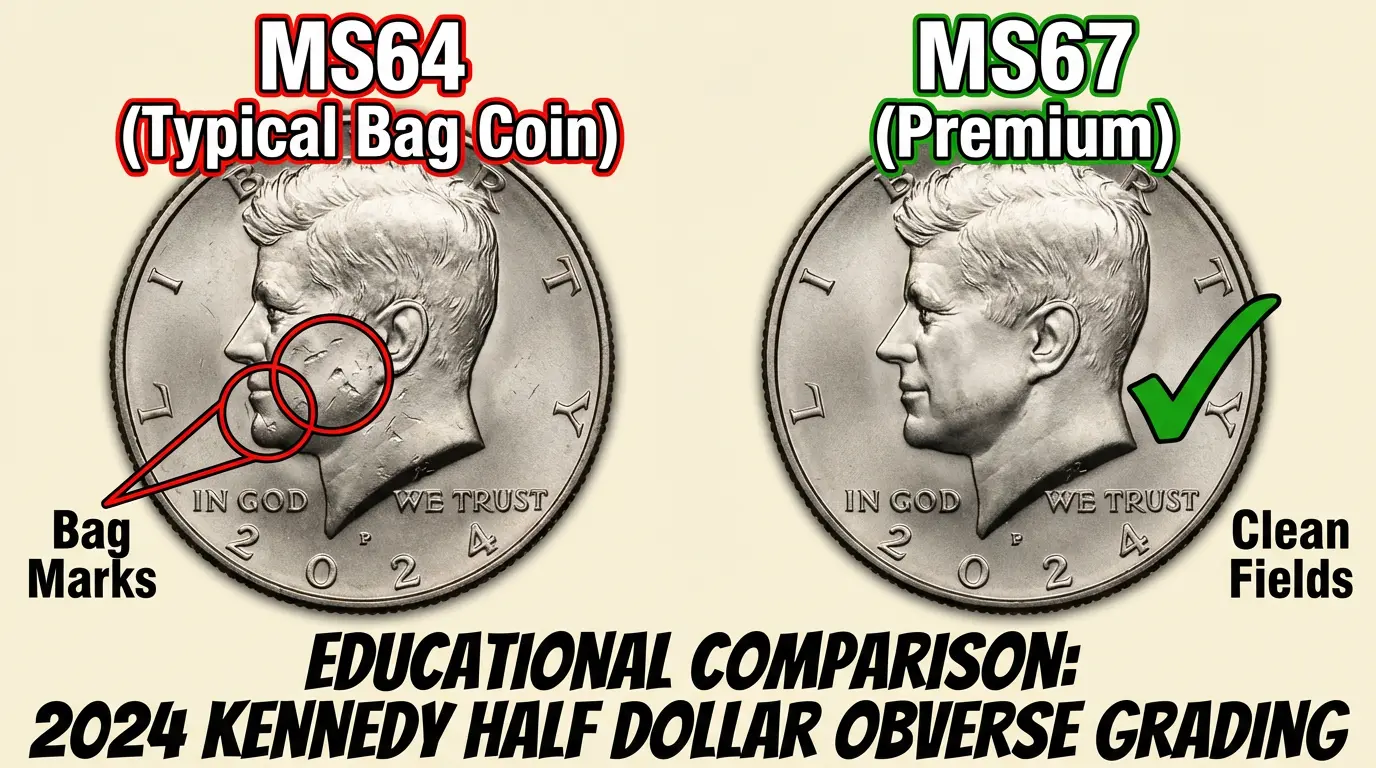 Grade comparison of 2024 Kennedy Half Dollar MS64 versus MS67 showing bag marks versus clean fields