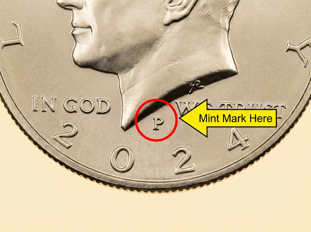 2024 Kennedy Half Dollar obverse showing mint mark location below Kennedy's neck truncation