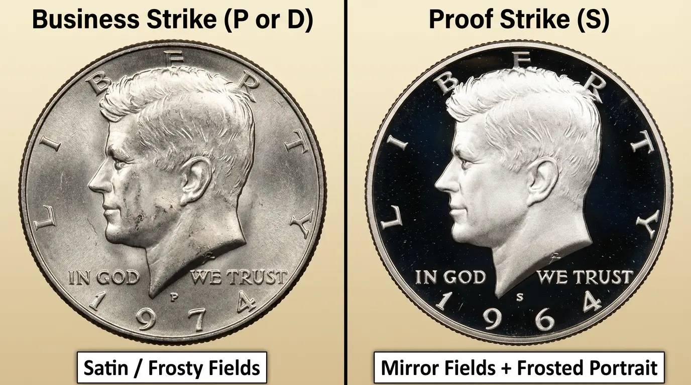 Side-by-side comparison of 2024 Kennedy Half Dollar business strike versus proof finish