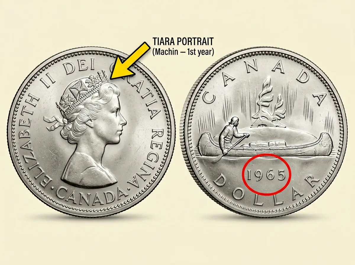 1965 Canadian Voyageur silver dollar — obverse showing Arnold Machin Queen Elizabeth II tiara portrait and reverse showing Voyageur canoe, with key identification features highlighted